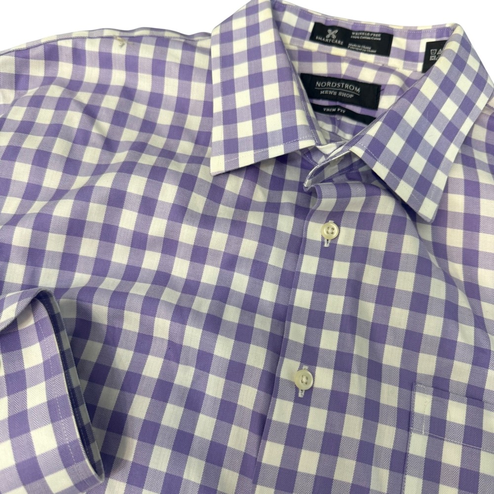 Nordstrom Mens Shop Smartcare Gingham Dress Shirt Plaid‎ Trim Fit 16.5 32-33
